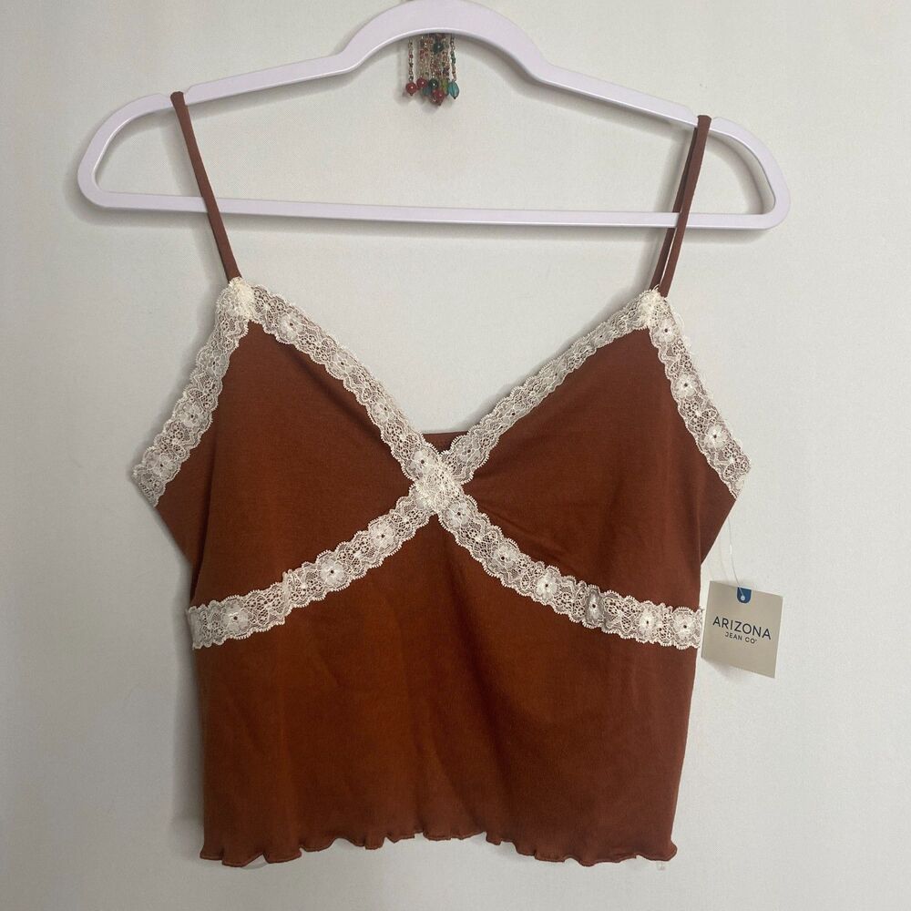 Arizona Y2K Babydoll Cami Lace Detail Tortoise Brown Cropped Flutter Hem XL NWT